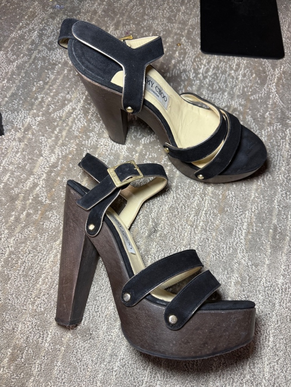 Jimmy Choo Black Suede and Wood Platform Heels - Picture 5 of 7